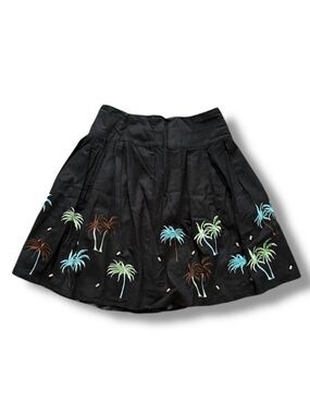 Vintage Carole Little Black Embroidered Palm Tree Skirt Women's Size 8 Linen